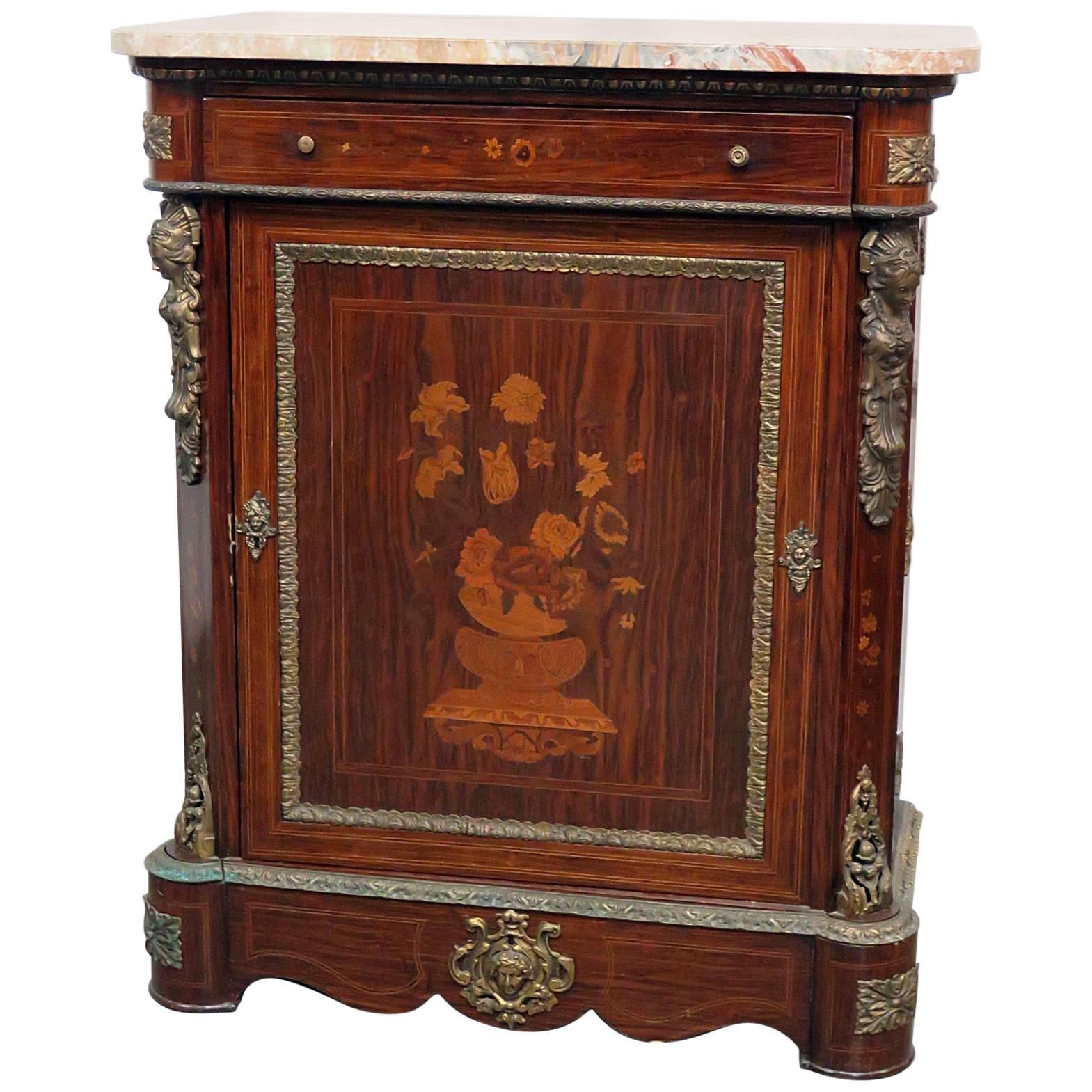 Figural Bronze Rosewood French Empire Style Marble Top Side Console Cabinet