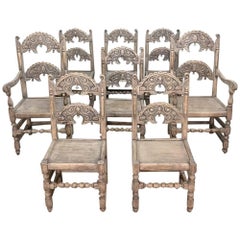 Set of Eight English Renaissance Stripped Chairs, with Two Armchairs