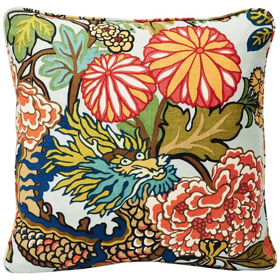 Schumacher Chiang Mai Art Deco Aquamarin Blau Zweiseitiges 18""" Leinenkissen im Angebot