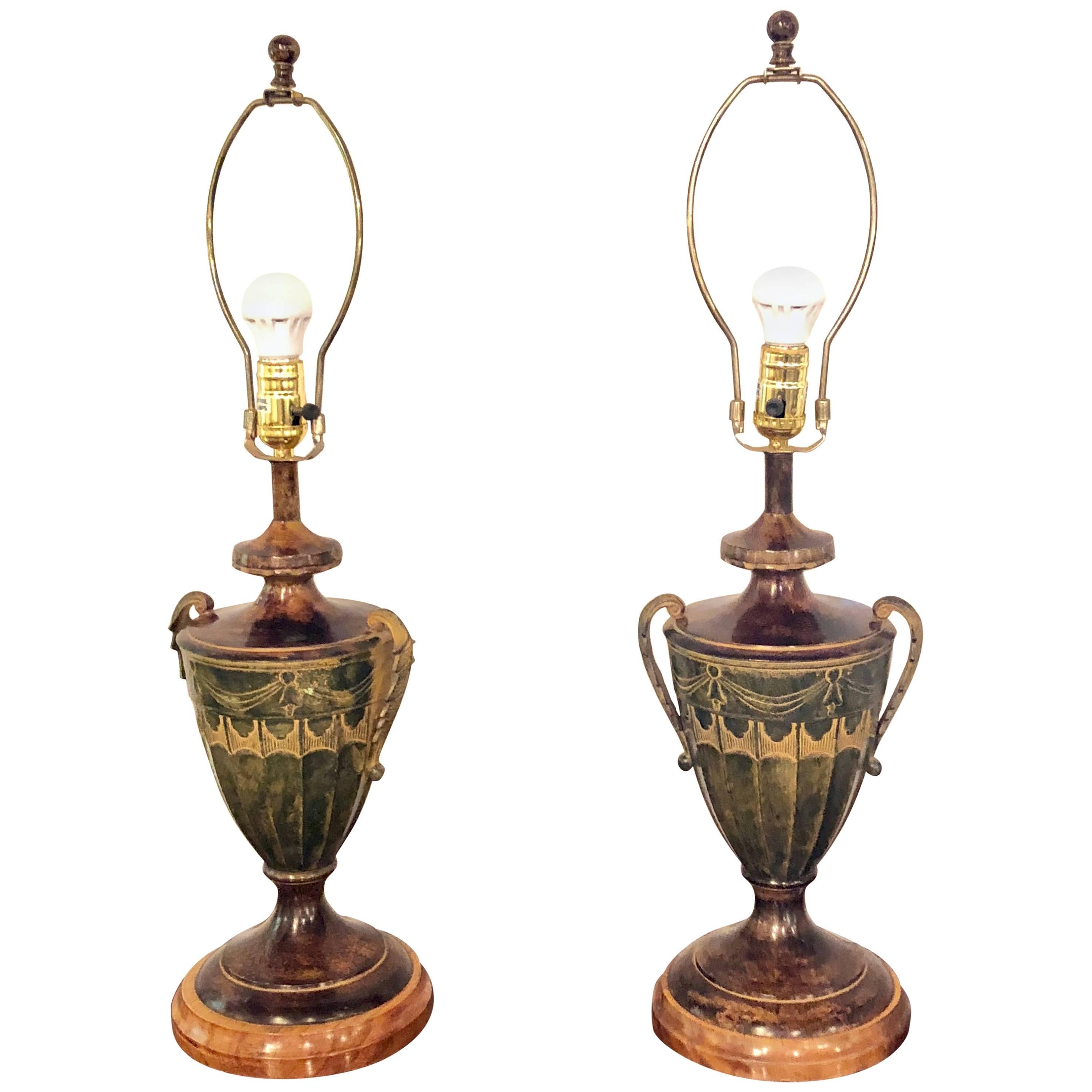 Pair Mid-Century Modern Urn Form Gilt Painted Twin Handled Aladdin Table Lamps