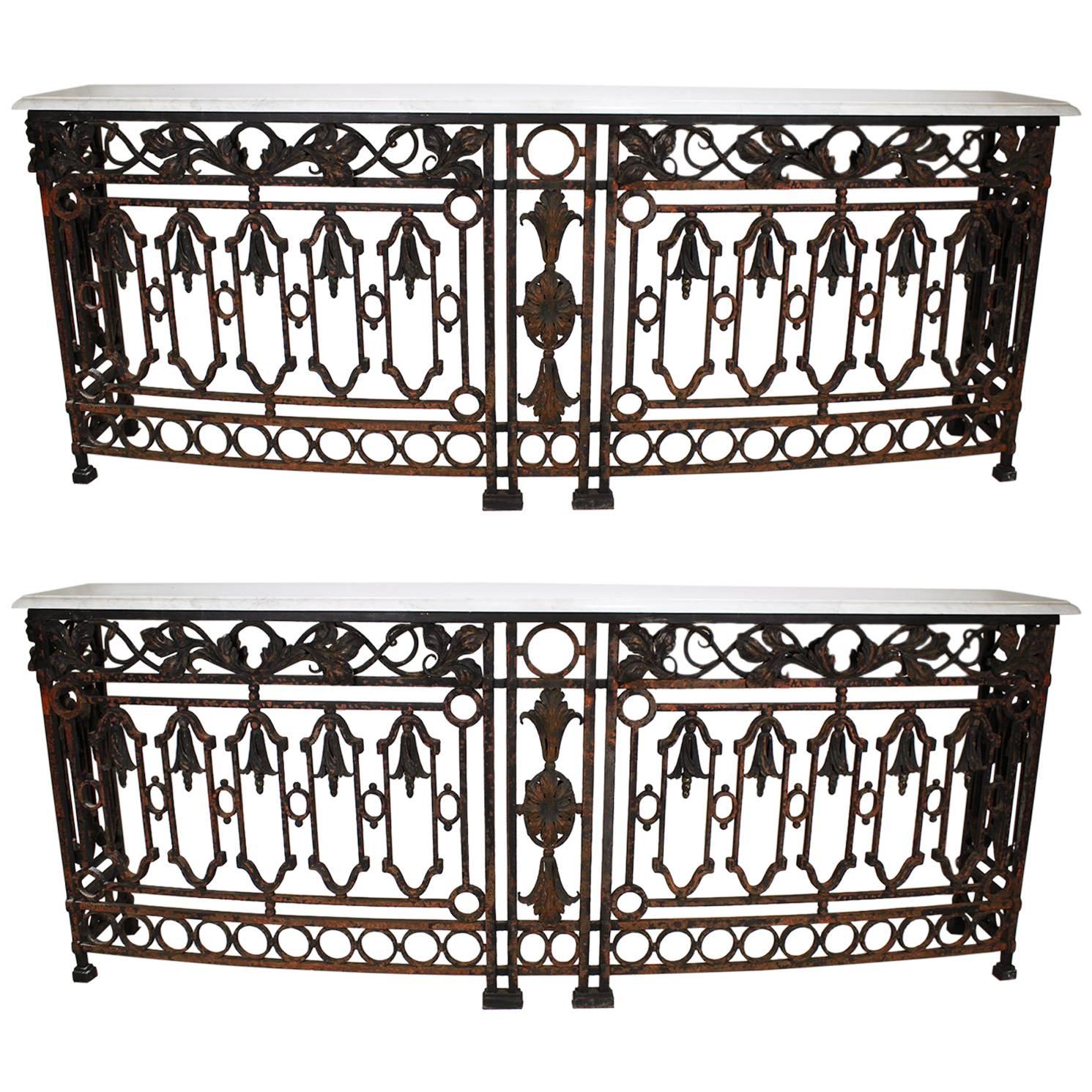 Pair of French 19th Century Baroque Serpentine Wrought Iron Wall Console Tables For Sale