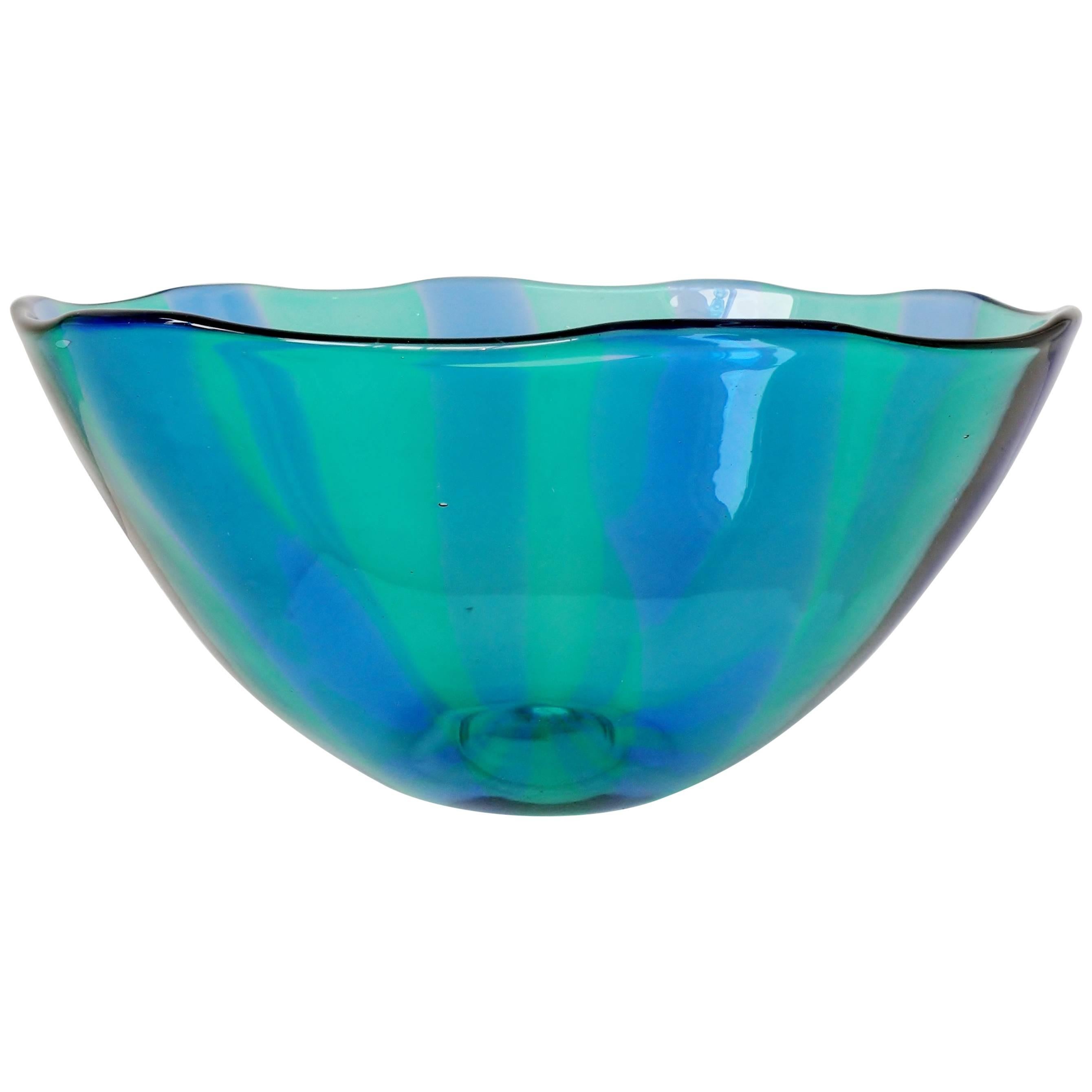 Large Venini Fulvio Bianconi Fasce Verticali Green and Blue Bowl For Sale