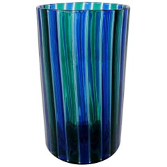 Venini 1960s Gio Ponti Vert et bleu Striped Beaker Vase