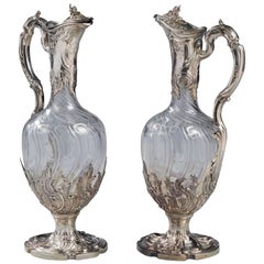 Pair of French Silver Mounted and Cut Crystal Claret Jugs