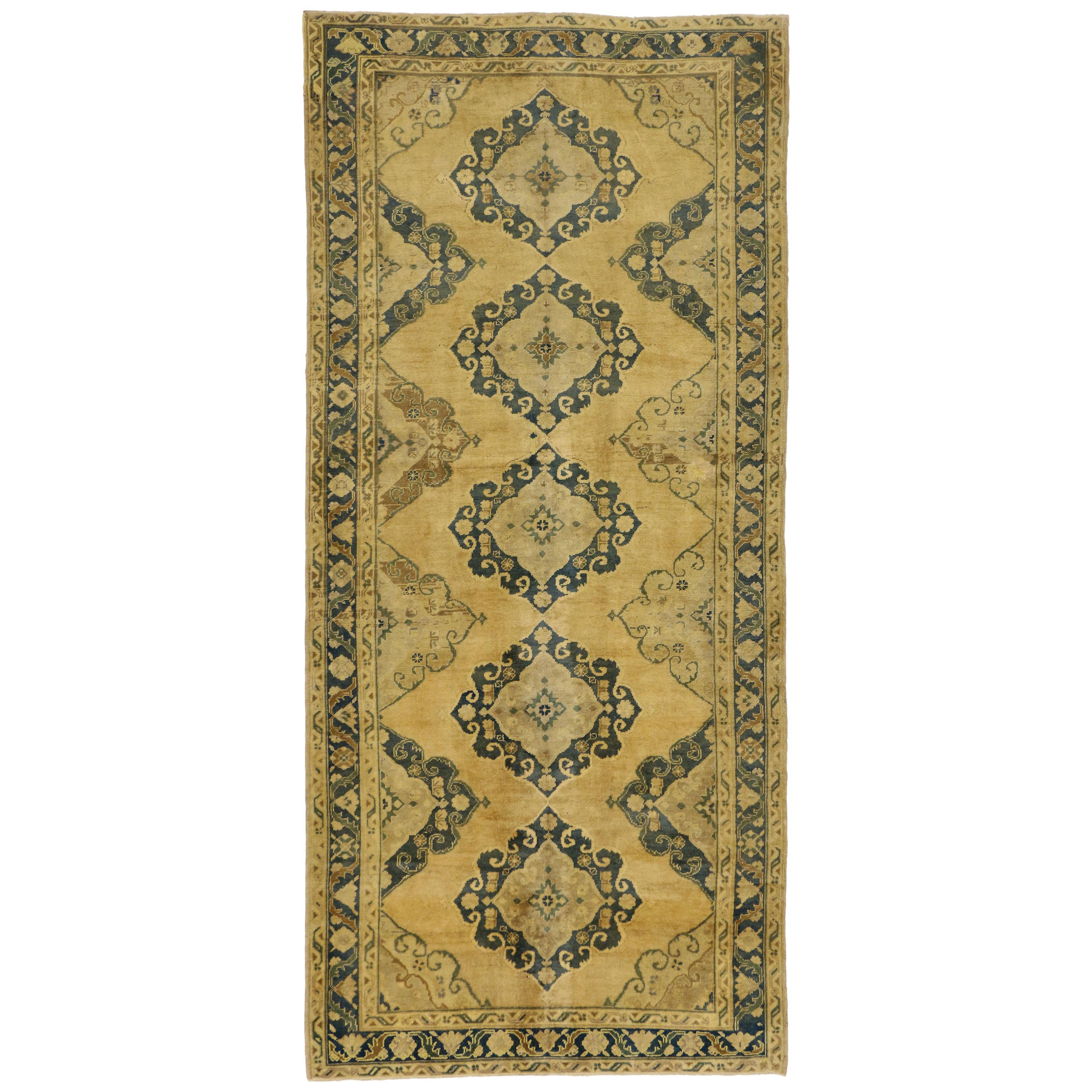 Vintage Turkish Oushak Gallery Rug with Neoclassic Style, Wide Hallway Runner