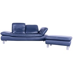 Koinor Rivoli Designer Three-Seat Sofa Set and Stool Blue Leather