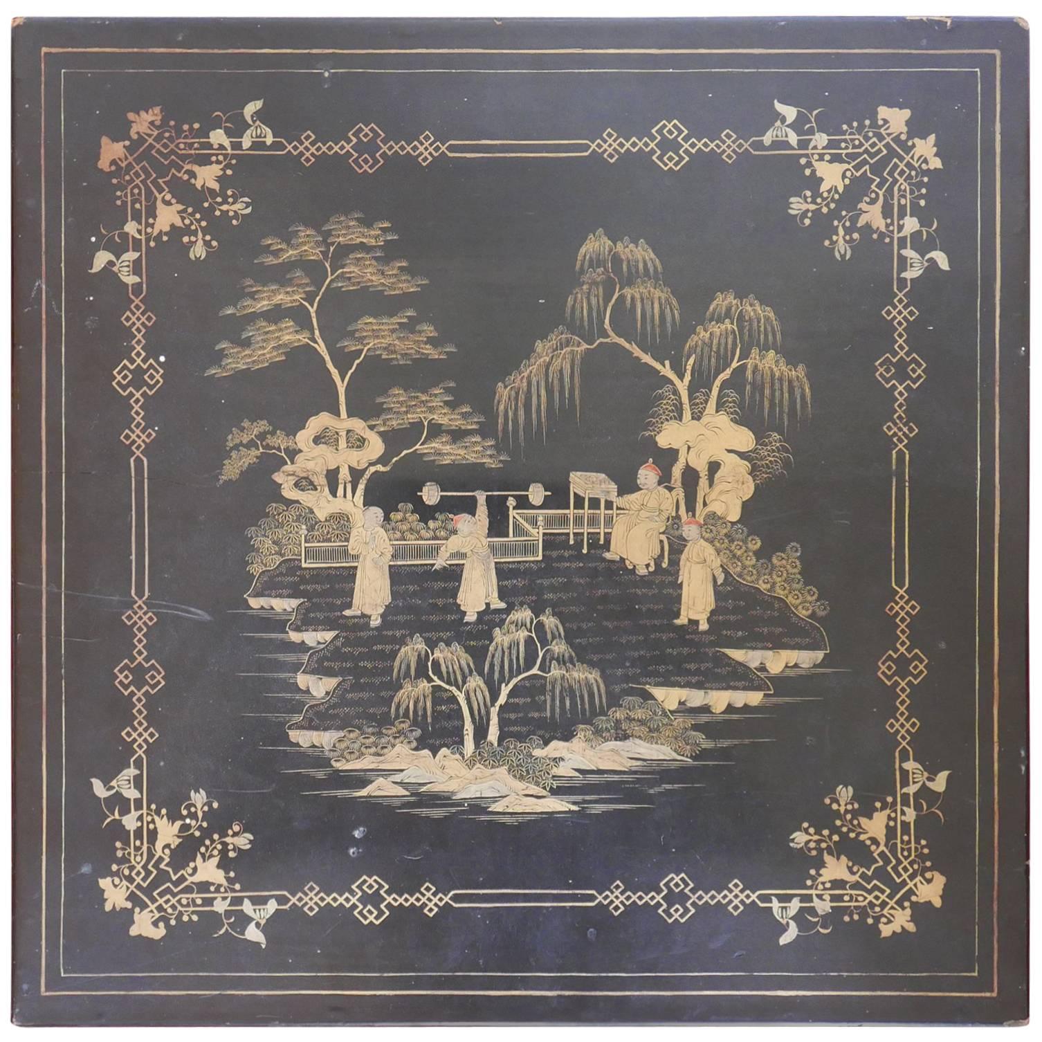 19th Century Canton Boxed Set of Silk Piano Cover or Drape with Watercolor