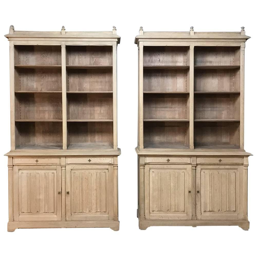 Pair of 19th Century French Gothic Stripped Oak Bookcases