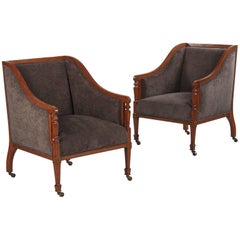 Pair of French Directoire Style Upholstered Armchairs in Mahogany Late 1800s