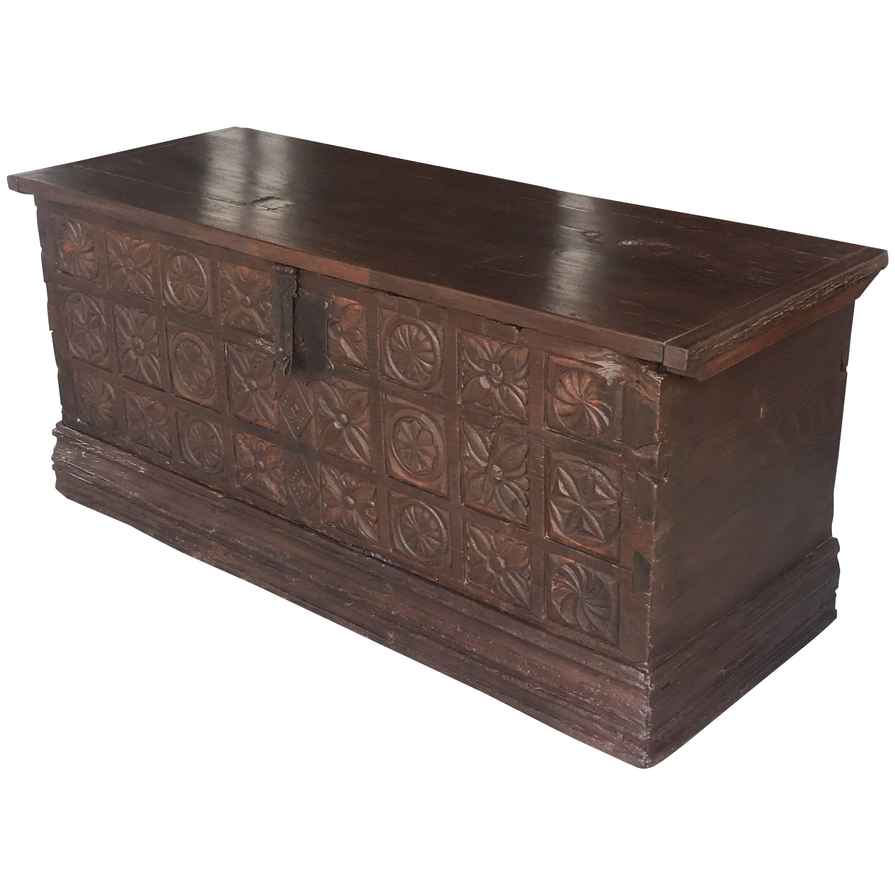 17th Century Spanish Baroque Savoy Hand-Carved Chest Trunk