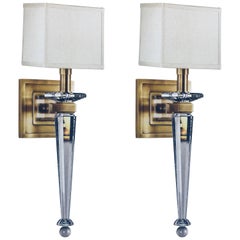 Two Pairs of Italian Mid-Century Modern Crystal and Brass Sconces