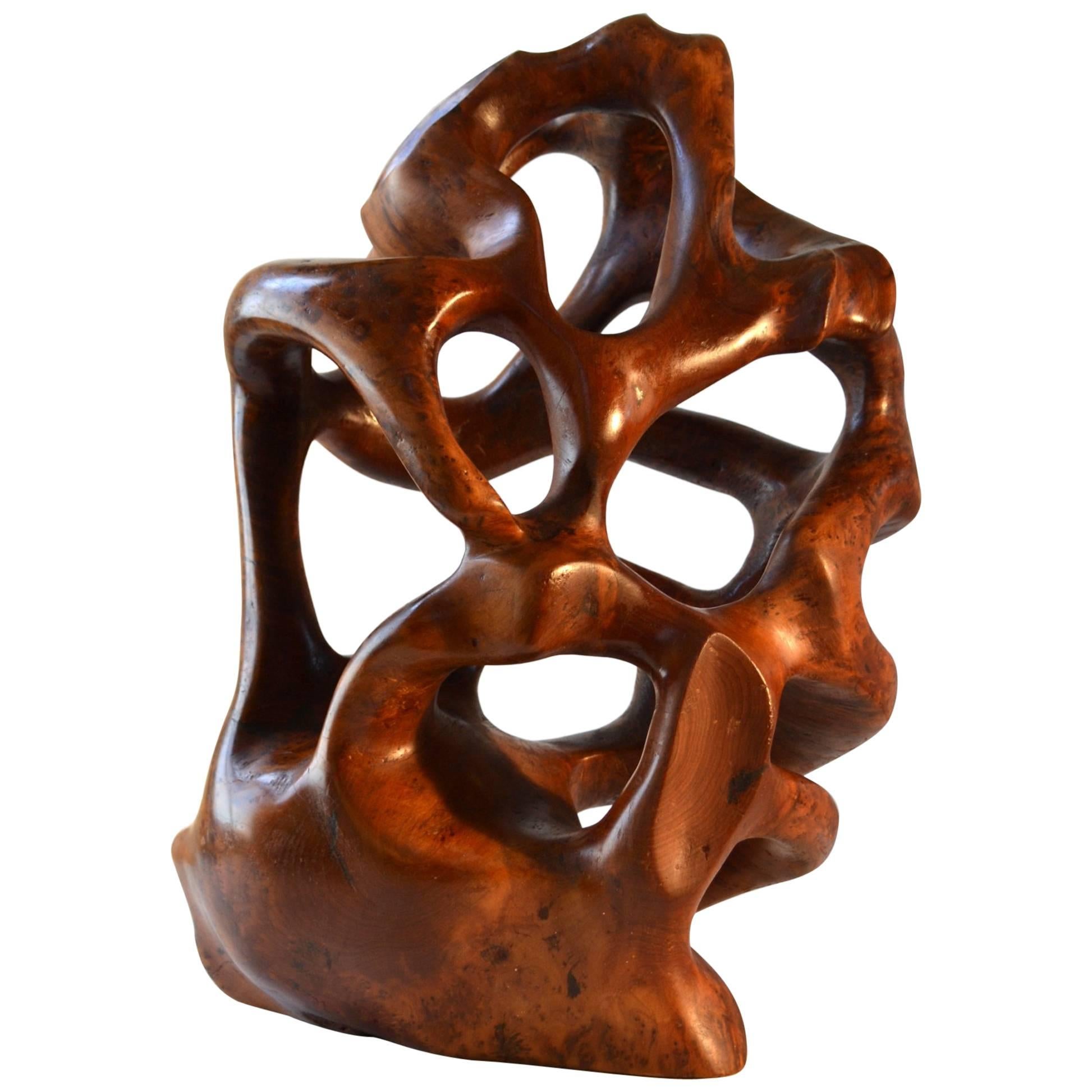 Large 1970s Abstract Organic Sculpture Hand-Carved in Yew