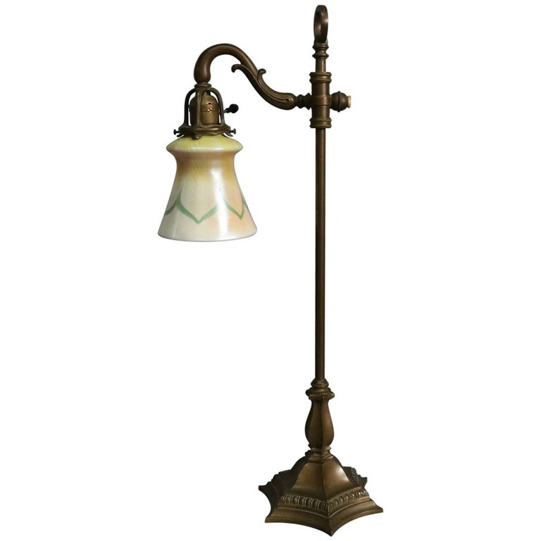 Antique Arts Crafts School Bronze Student Lamp With Art Glass Shade