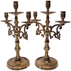 Antique Pair of Large Three-Armed Brass Candlesticks, circa 1890s