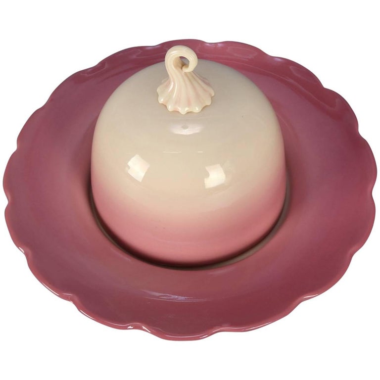 Antique Burmese Peach Blown Art Glass Covered Butter Dish, circa 1880