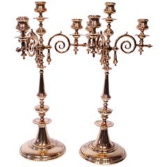 Antique Pair of Tall Four-Armed Brass Candlesticks, circa 1880s