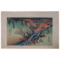 Impression japonaise en bois Bock du 19ème siècle représentant une scène de rivière, signée au crayon par Hiroshige