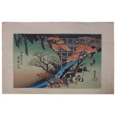 19th Century Japanese Wood Bock Print of River Scene, Pencil Signed Hiroshige