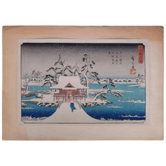 Japanese Hiroshige School Wood Bock Print of Winter Pagoda Scene, Signed