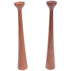 Pair of Danish Midcentury Tall Teak Candlesticks