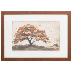 Vintage Hand Colored Etching of Tree