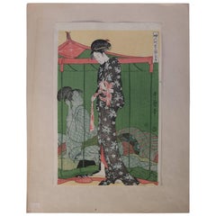 Japanese Hiroshige School Wood Bock Print of Woman in Kimono, Signed