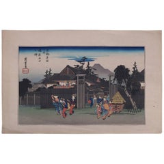 19th Century Japanese Wood Bock Print of Village Scene, Pencil Signed Hiroshige