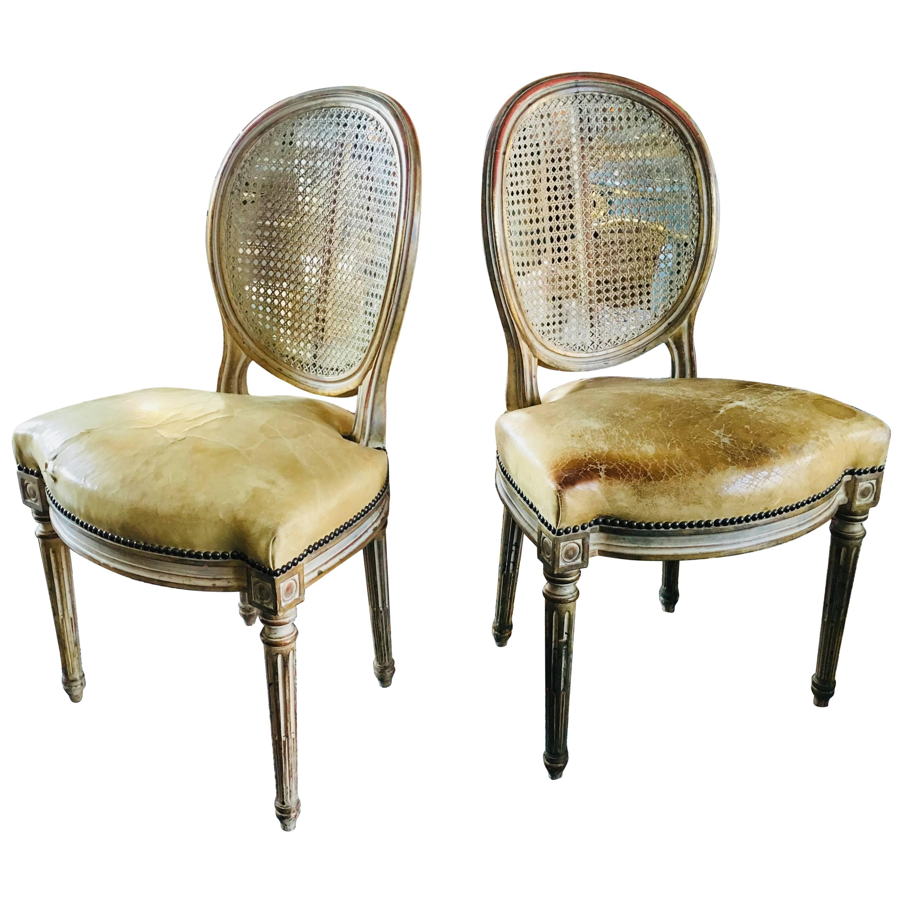 SALE 19th Century Pair of French Side Chairs with Cane Backs and Leather Seats