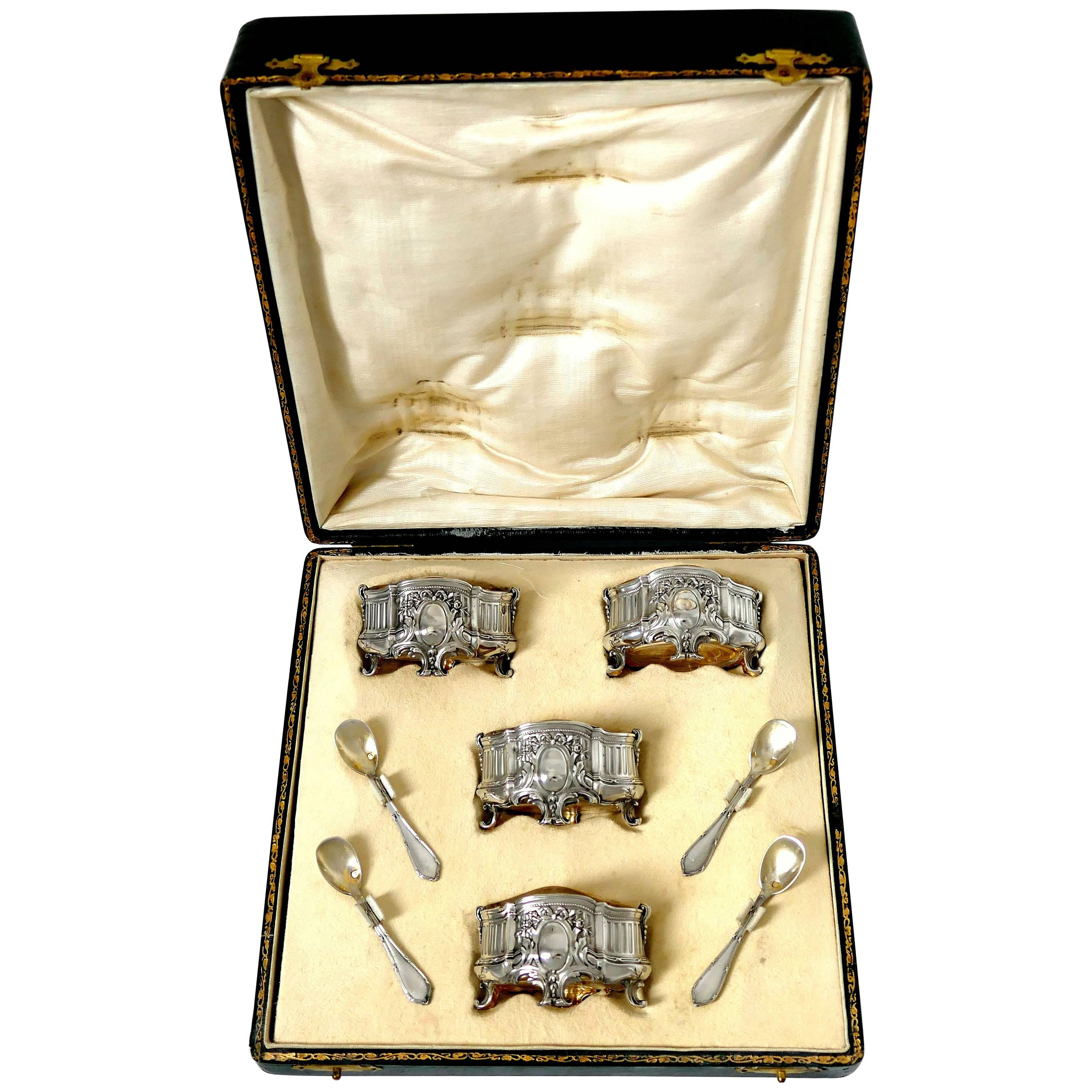 Barrier French Sterling Silver 18-Karat Gold Four Salt Cellars, Spoons, Box