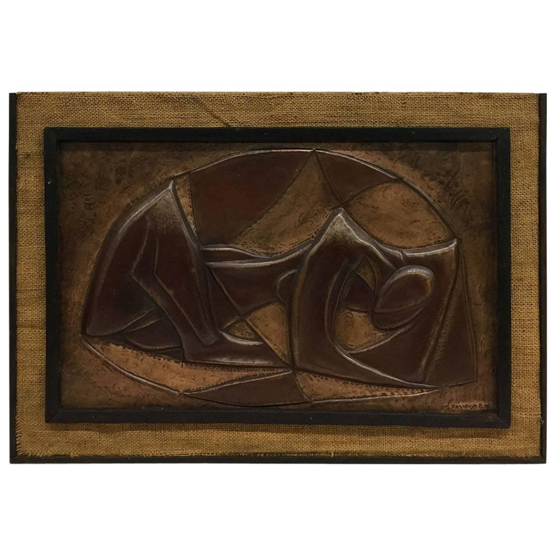 African Art by MB Kasongo Banza Meso, L'Angoisse II, Brass Relief, 1977