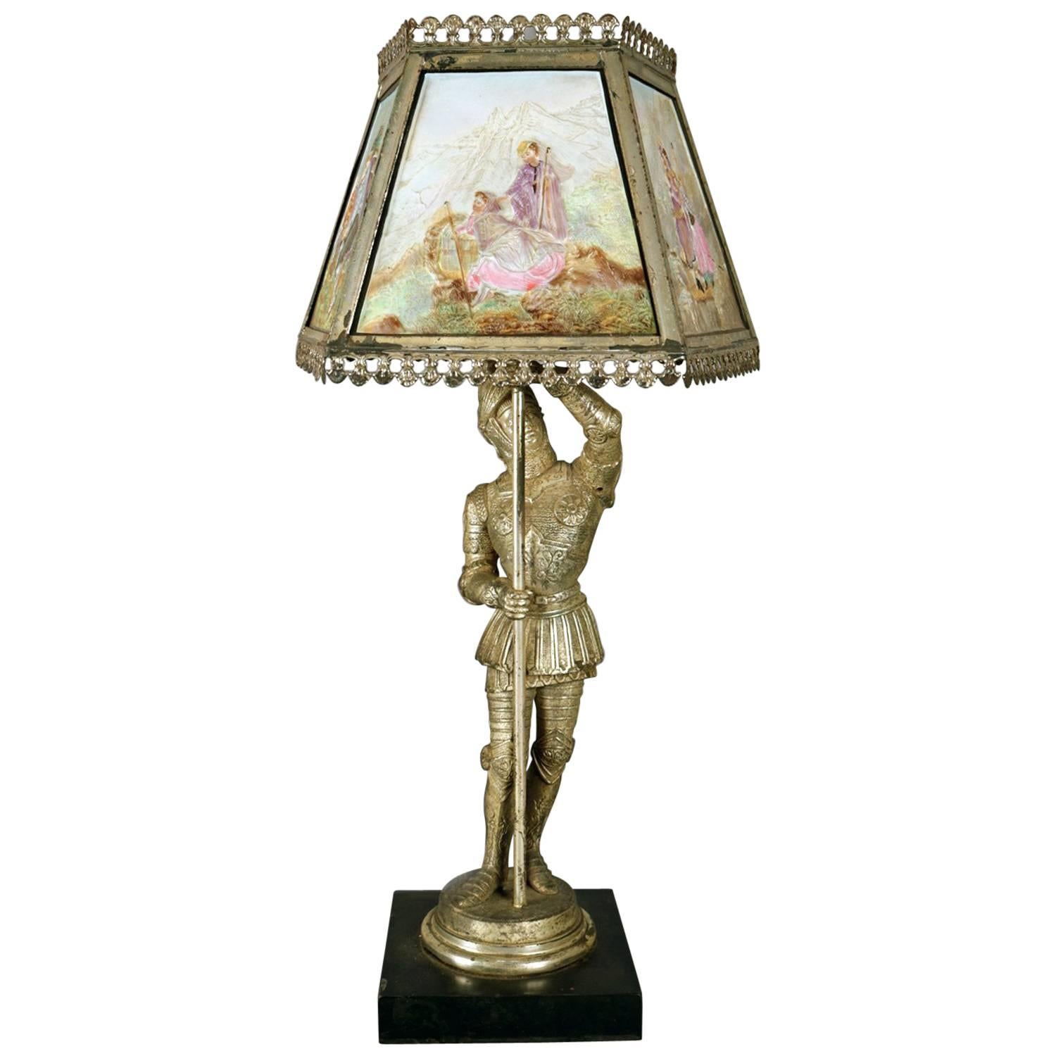 Antique English Figural Painted Lithophane Table Lamp, circa 1900