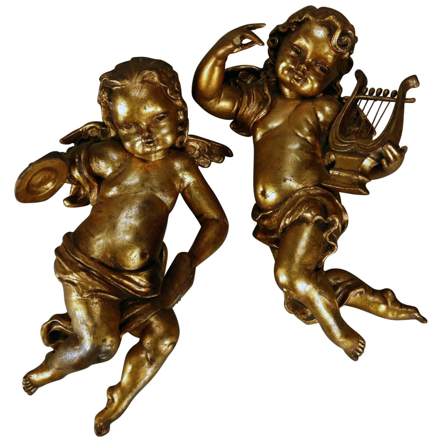 Vintage Italian Classical Gilt Figural Musician Cherubs Wall Sculptures