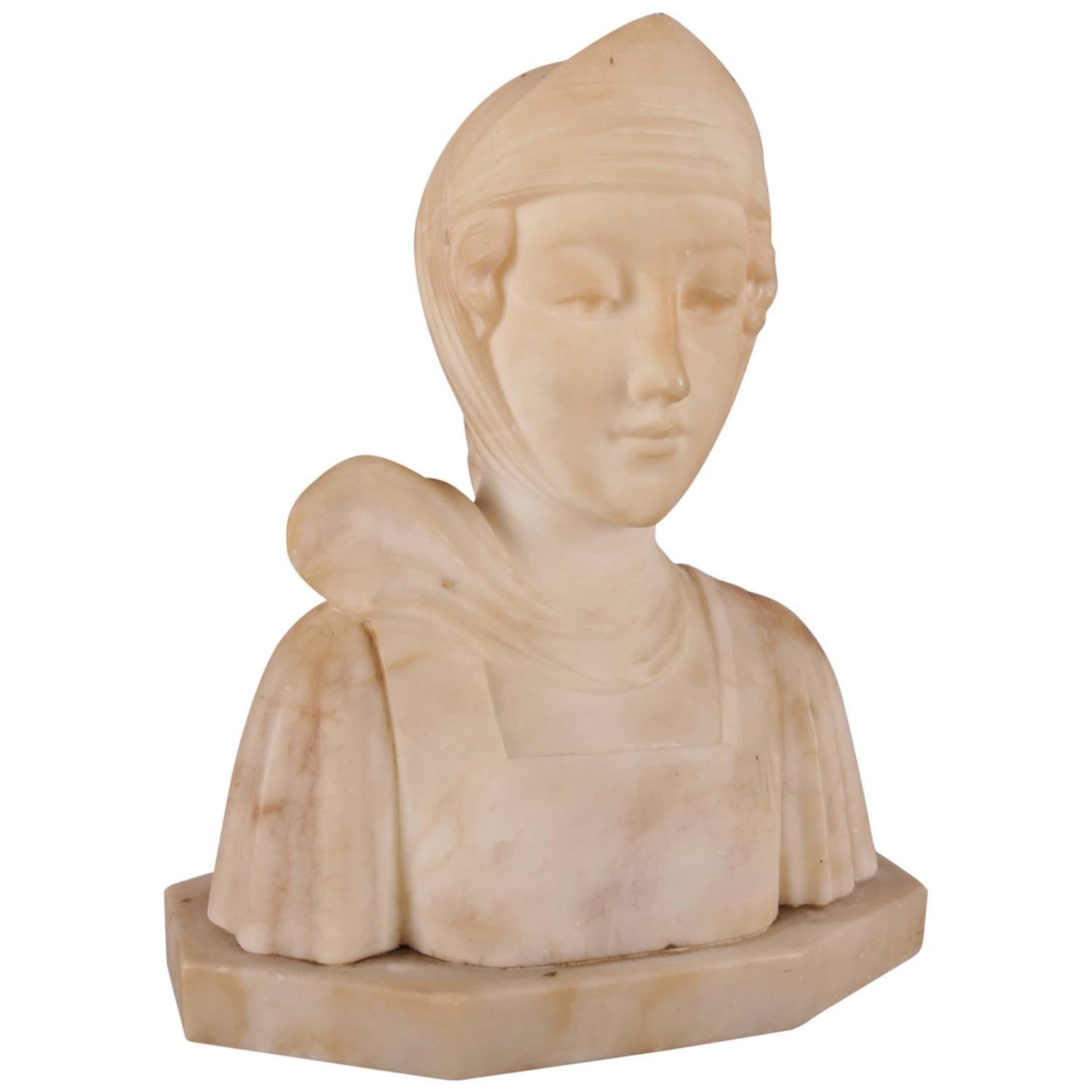 Antique Italian Carved Alabaster Portrait Bust Sculpture Dante's Beatrice