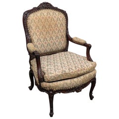 Carved Walnut French Louis XV Open Armchair Parlor Chair