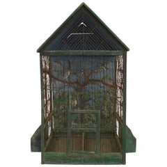 Antique Rustic English Country Victorian Green Painted and Wire Birdcage