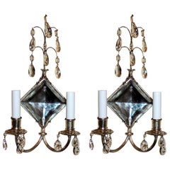 Vintage Wonderful Diamond Crystal Mirror Silvered Bronze Two-Arm Caldwell Sconces, Pair