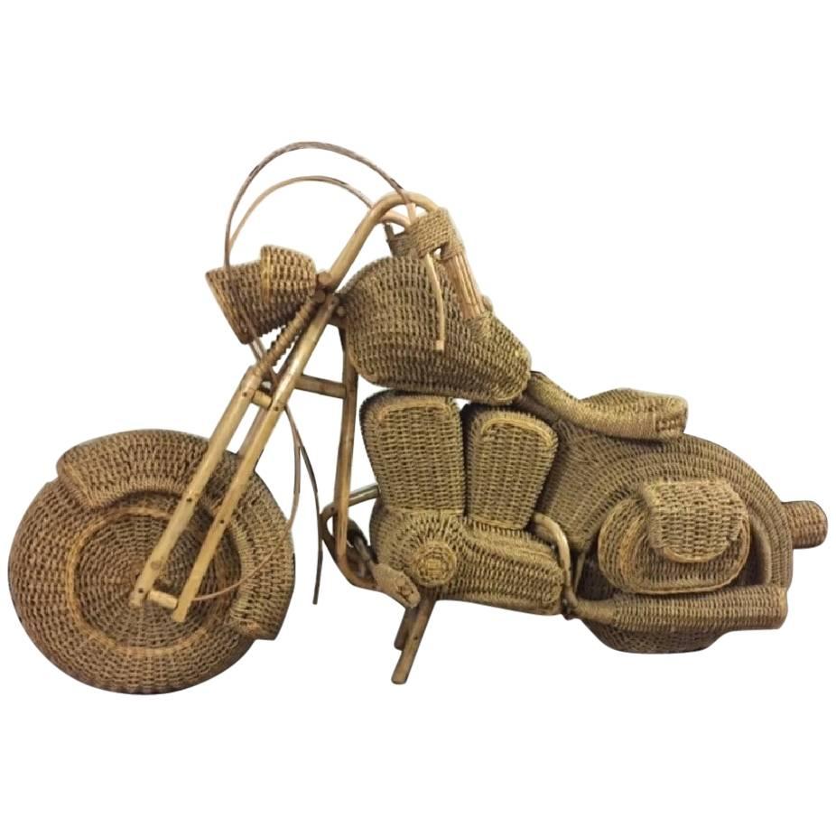 Midcentury Wicker and Bamboo Full-Size Replica of a Harley Davidson Motorcycle For Sale