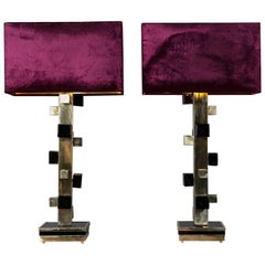 Vintage Pair of Brass Lamps with Amethyst Cubes of Murano Glass Velvet Lampshades, 1980s