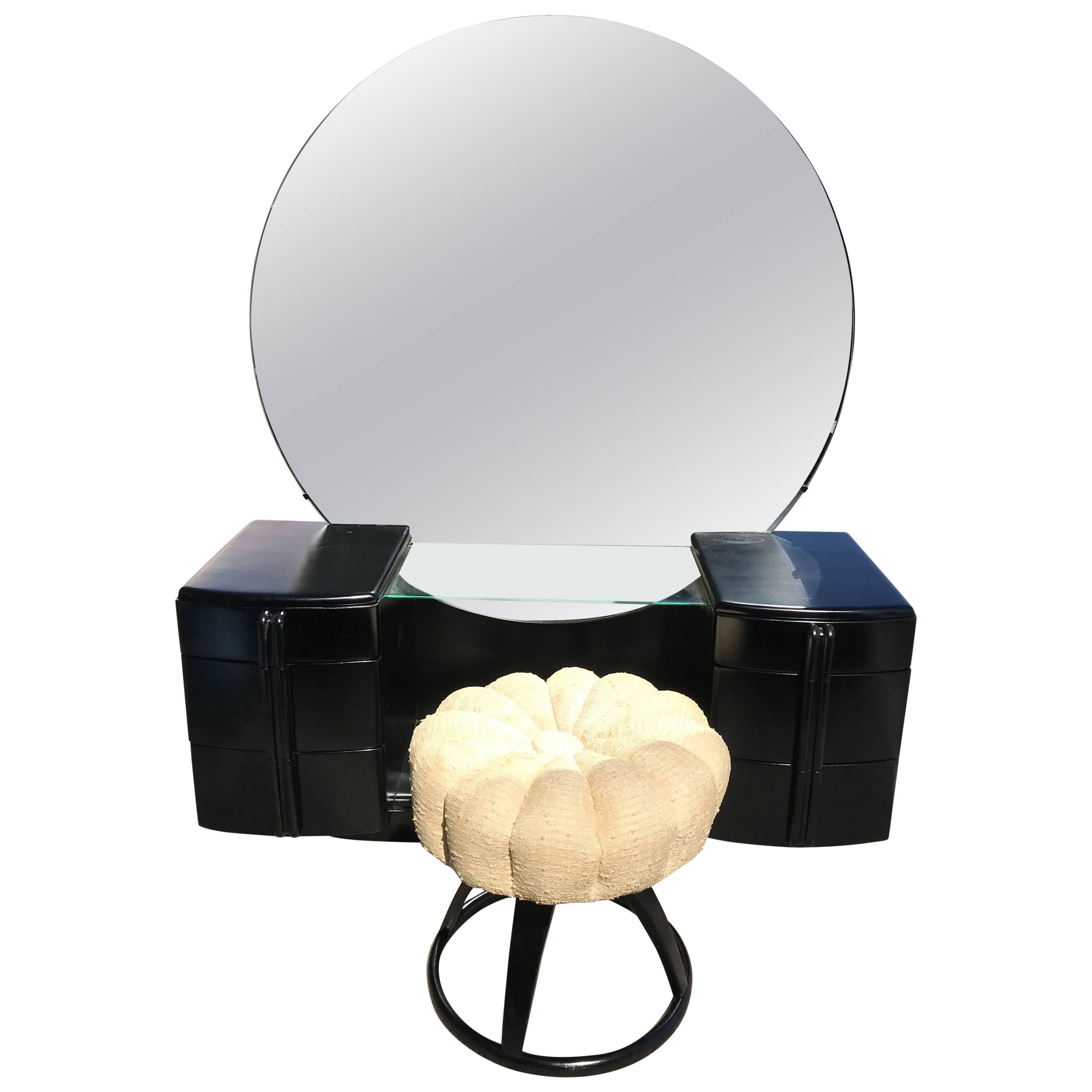Glamorous Art Deco Black Lacquer Vanity with Stool by Haywood-Wakefield