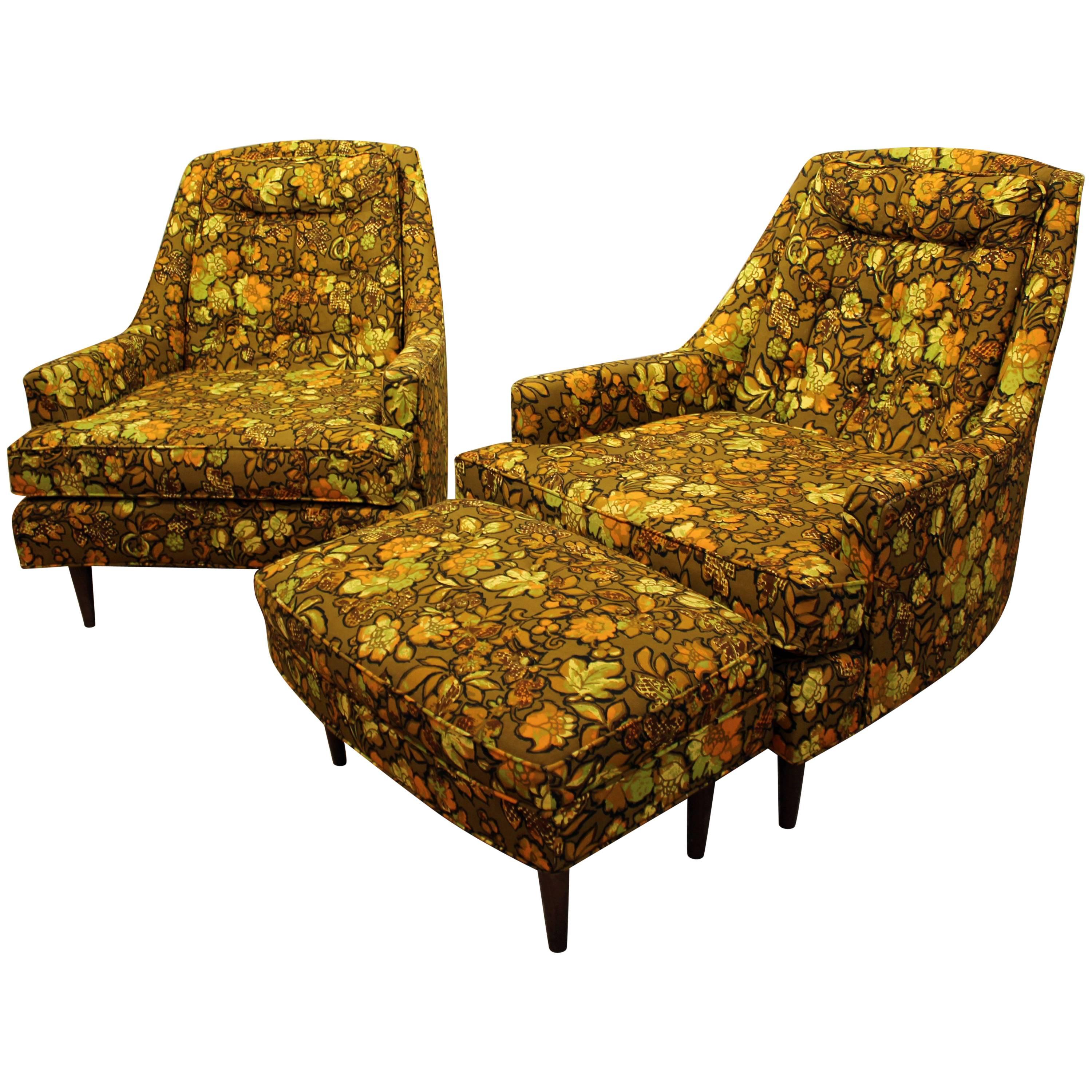 Mid-Century Modern Three-Piece Floral Lounge Chair and Ottoman Set