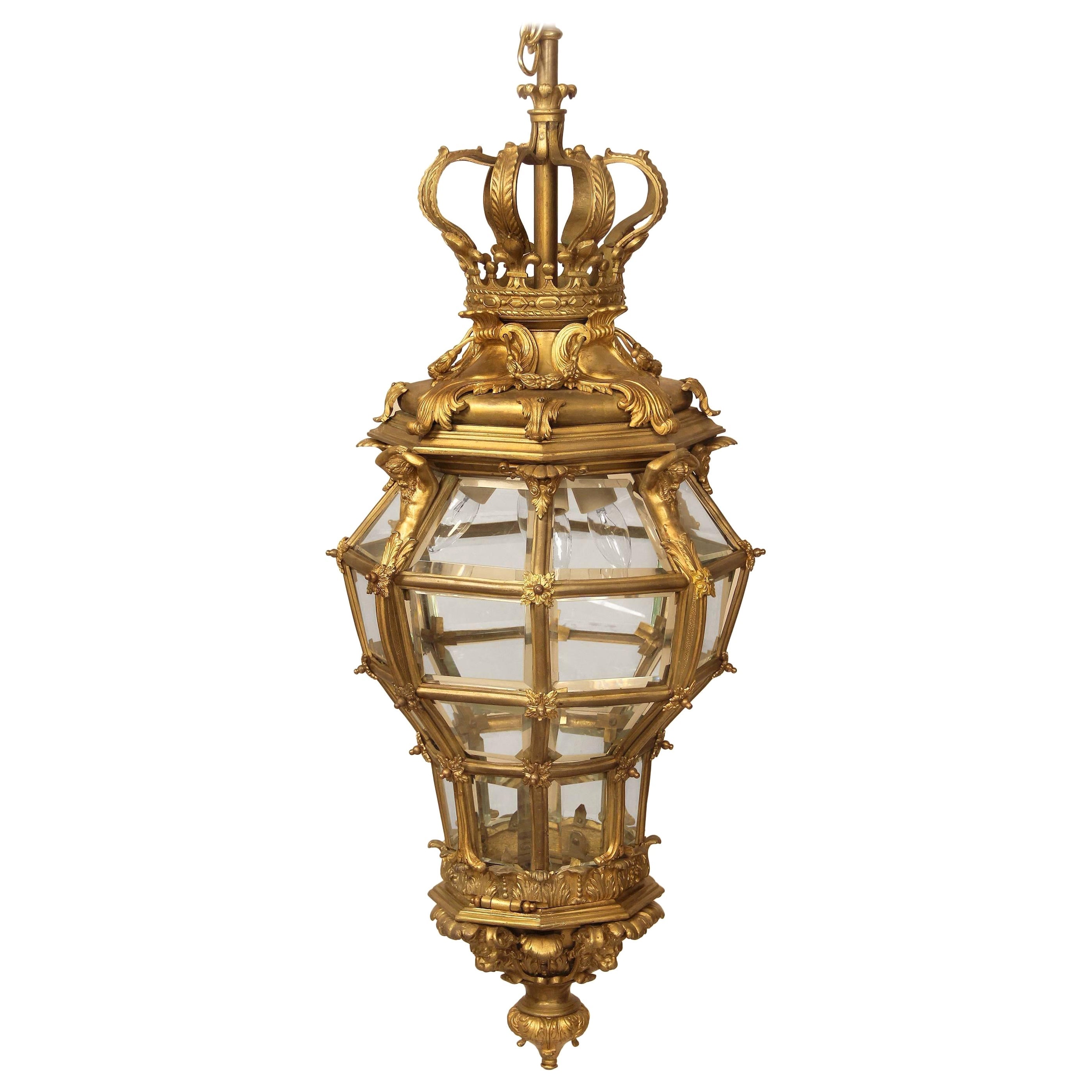 Fantastica lanterna da sala "Versailles" in bronzo dorato e vetro della fine del XIX secolo