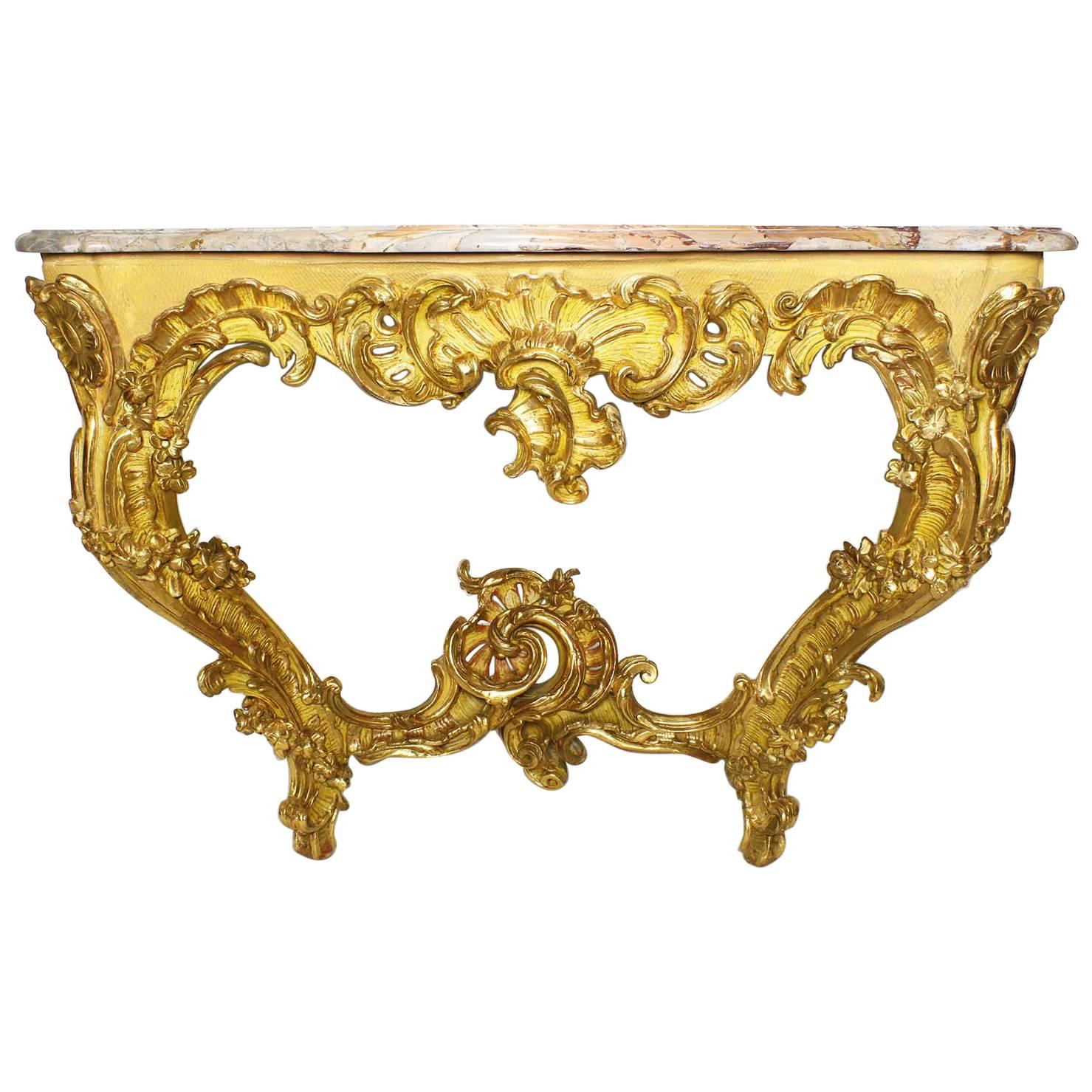 Fine French 19th Century Louis XV Style Rococo Giltwood Carved Console Table
