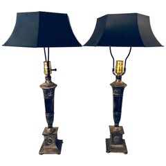 Pair of Neoclassic Style Silvered Metal Table Lamps with Ebony Metal Shades