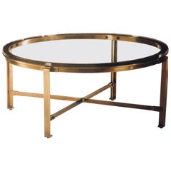 French Mid-Century Modern Style Round Antique Brass Coffee Table, Jacques Quinet