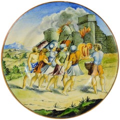 Decorative Italian Faience Plate, Castle Siege, Urbino, 19th Century