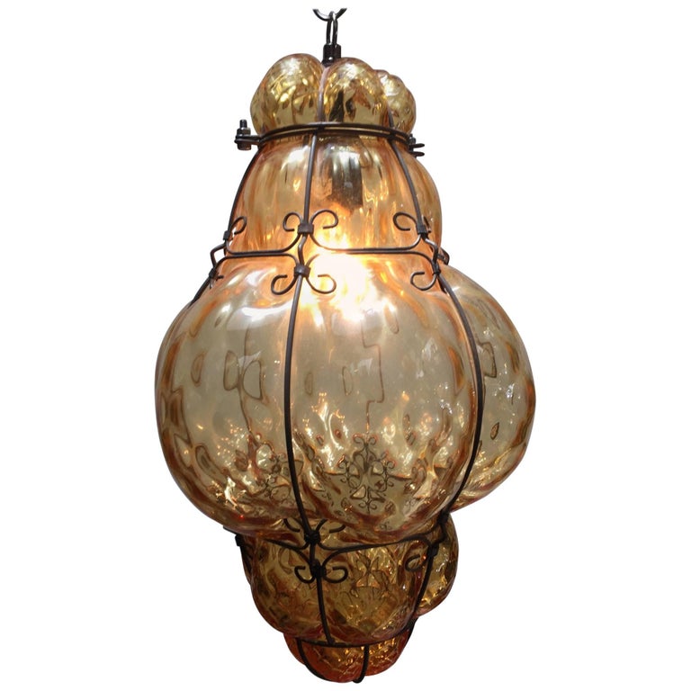 Vintage Seguso Murano White Glass Cage Pendant Light 2 Available Vintage Handblown Seguso Murano Amber Glass Cage Pendant Light