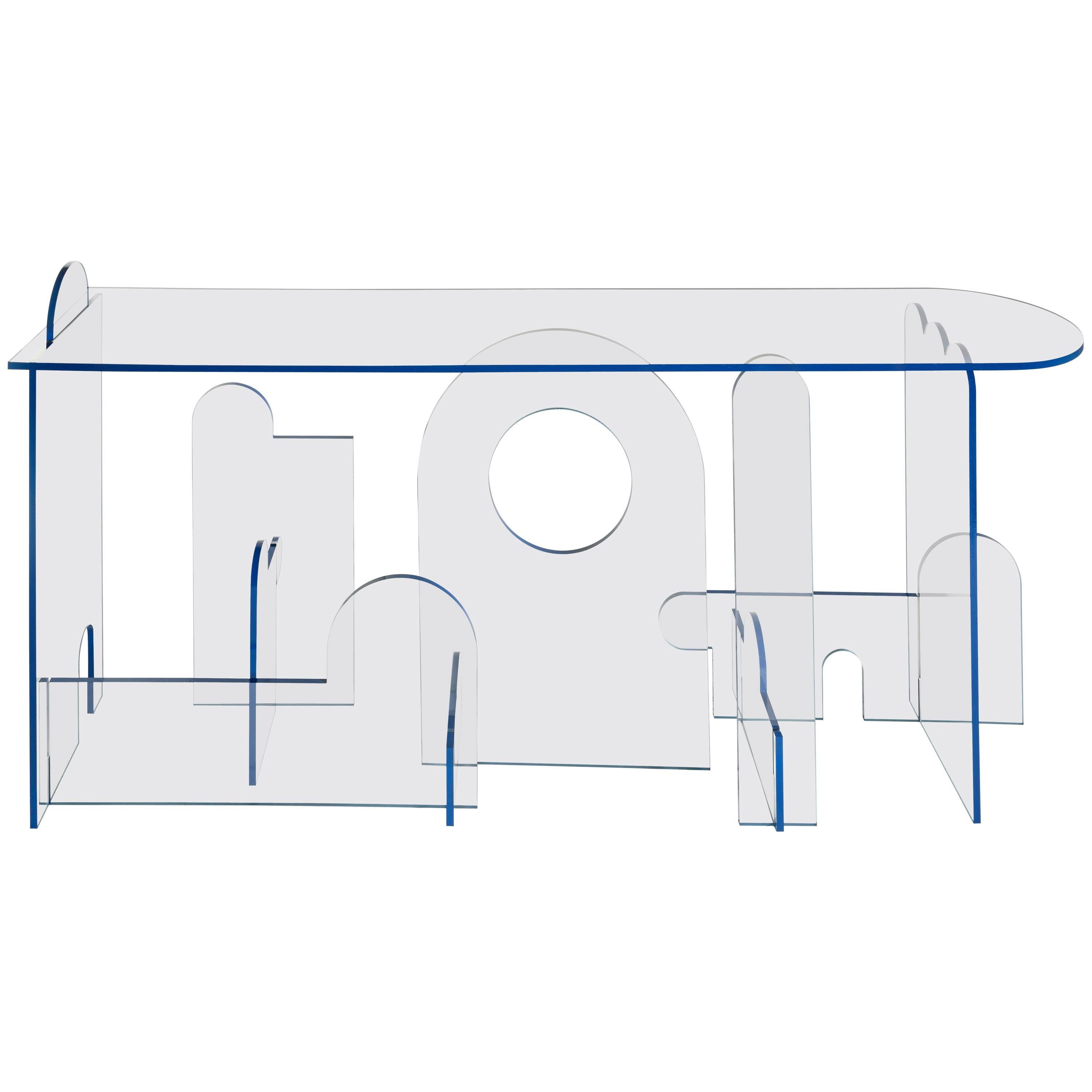 Lexan Series Console Table by Phaedo, Clear Lexan with Blue Oil, Painted Edge For Sale