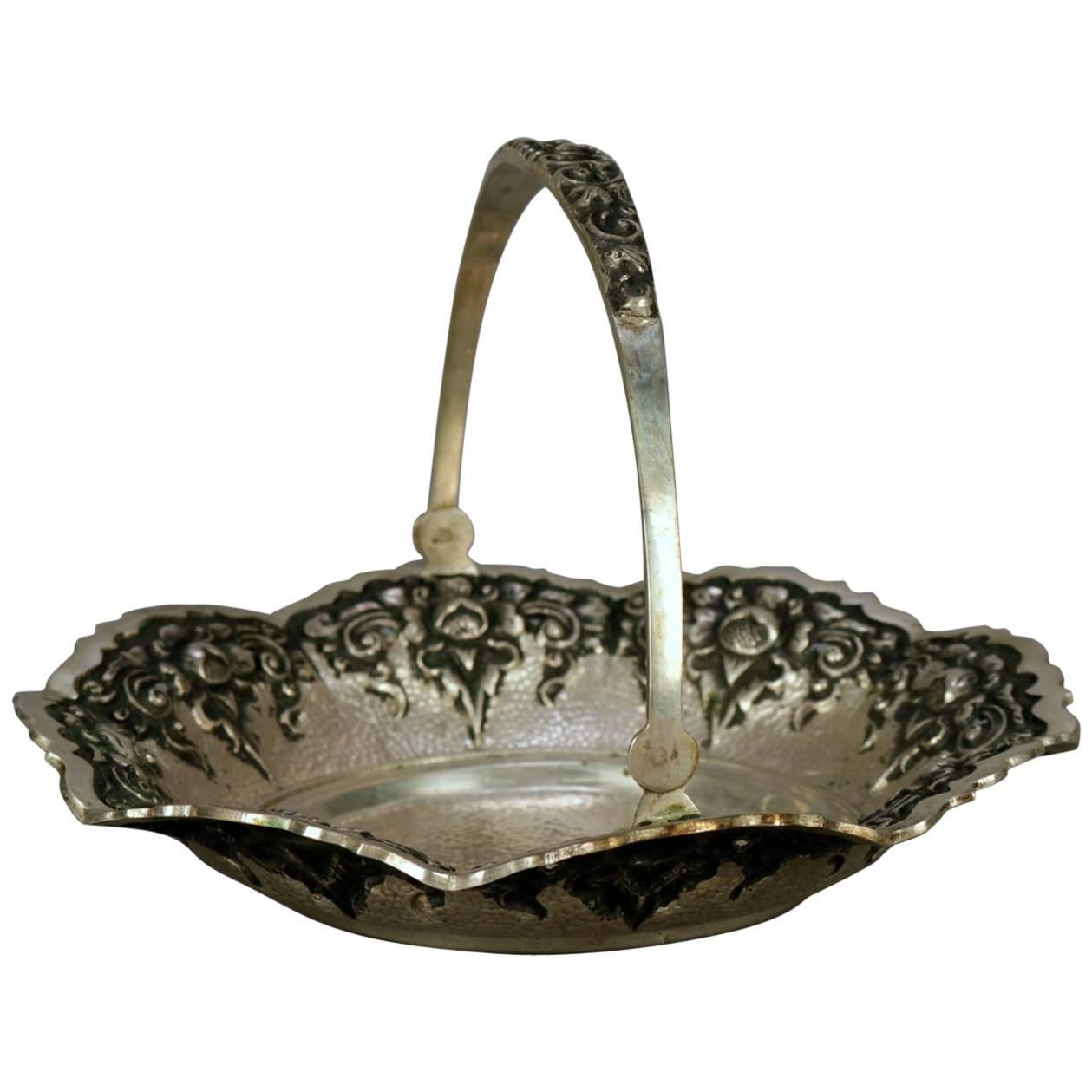 Antique Continental .800 Silver Reticulated Floral Repousse Bridal Basket 4.9toz For Sale