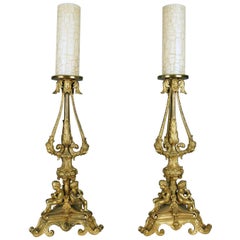 Antique Pair of Neoclassical Figural French Rococo Gilt Bronze Candle Sticks