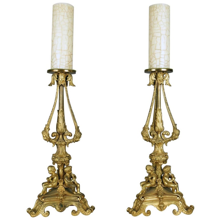 Pair of Neoclassical Figural French Rococo Gilt Bronze Candle Sticks at ...